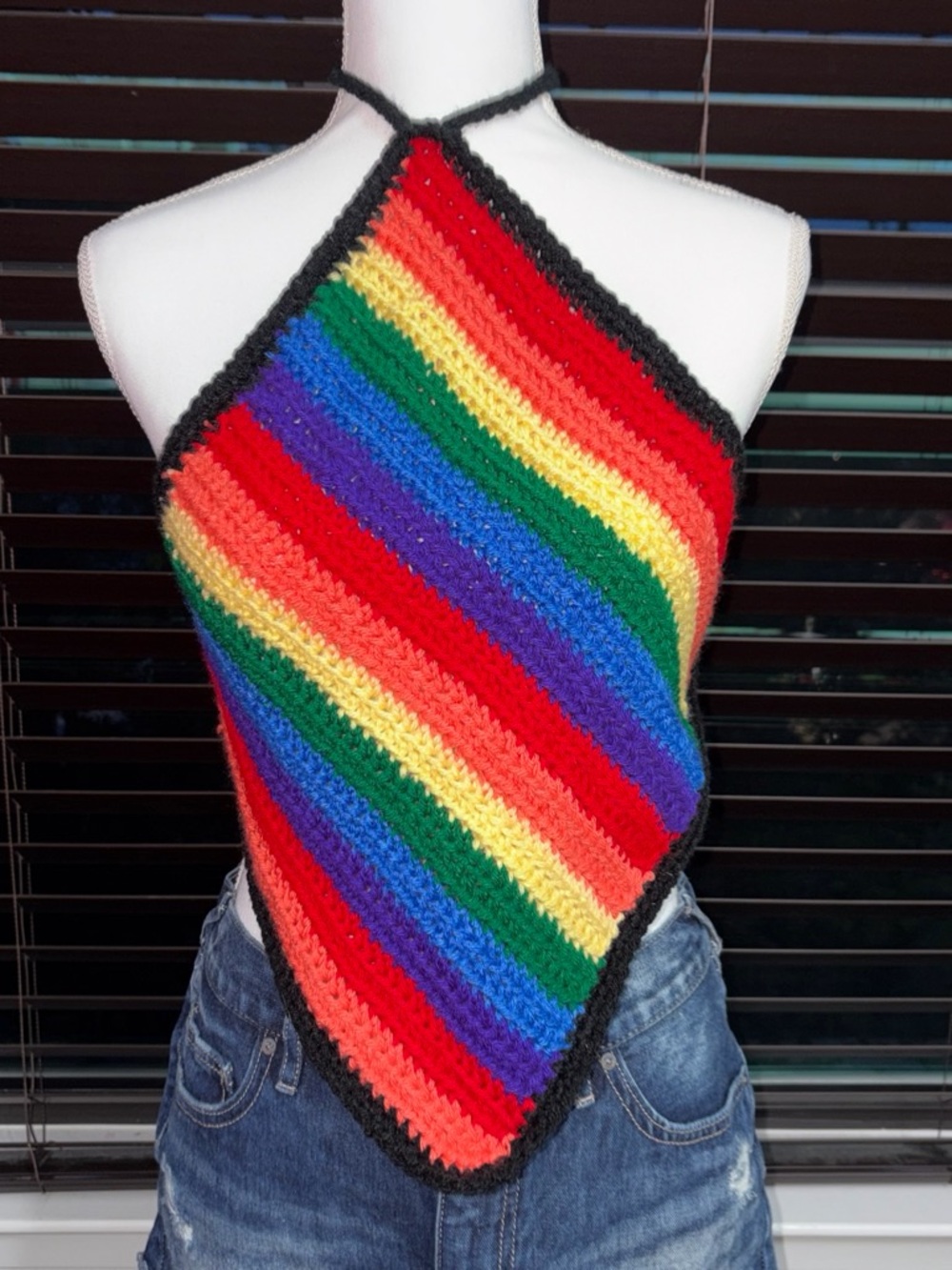 Handmade Rainbow Crochet Halter Top with Black Trim